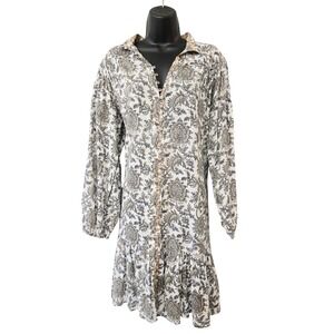 Lola Australia Boho Paisley Floral Block Print Button Down Ruffle Hem Mini Dress